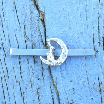 Hare and Moon Tie Clip (Rear Facing Hare), Handcast Pewter Tie Clip, Polished Finish