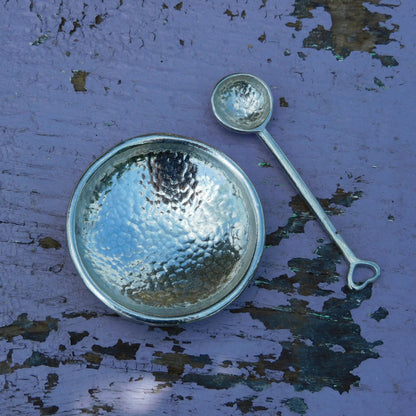 Beaten Pewter Salt Bowl with Spoon, Handmade by William Sturt – Small Artisan Salt Cellar