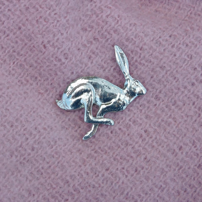Hare Brooch (Running), Handcast Pewter, Polished Finish