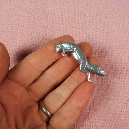 Leaping Fox Brooch, Handcast Pewter, Polished Finish