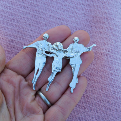 Dancing Figures Brooch, Handcast Pewter Brooch, Polished Finish