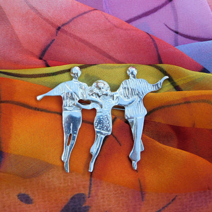 Dancing Figures Brooch, Handcast Pewter Brooch, Polished Finish