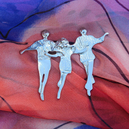 Dancing Figures Brooch, Handcast Pewter Brooch, Polished Finish