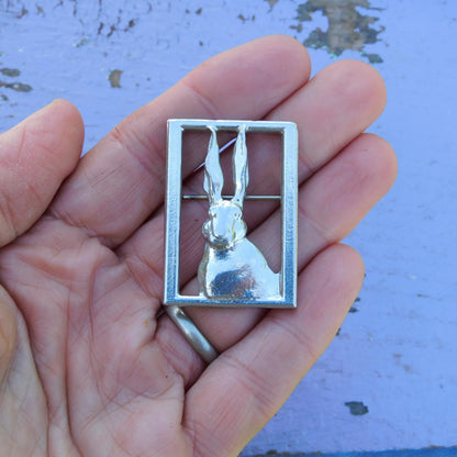 Hare Brooch (Open Rectangle), Handcast Pewter, Polished Finish
