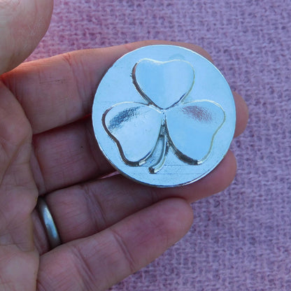 Round Shamrock Brooch, Handcast Pewter, Polished Finish