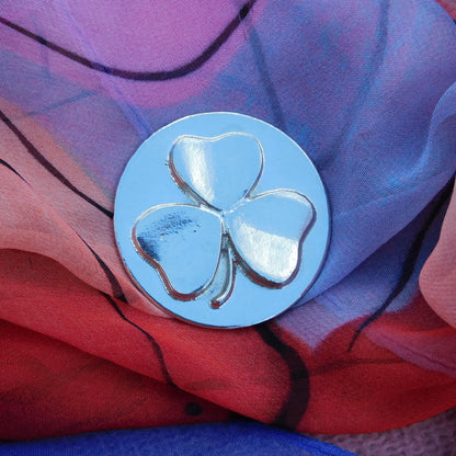 Round Shamrock Brooch, Handcast Pewter, Polished Finish