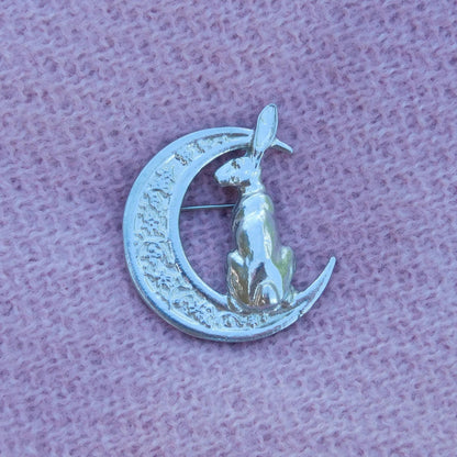 Hare Brooch (Floral Crescent Moon, Rear View), Handcast Pewter, Polished Finish