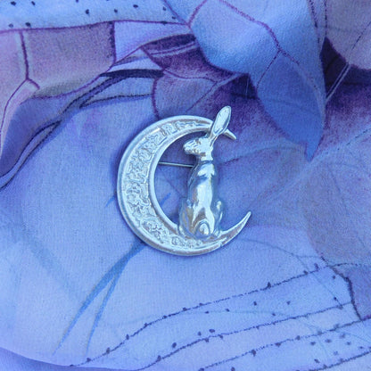 Hare Brooch (Floral Crescent Moon, Rear View), Handcast Pewter, Polished Finish