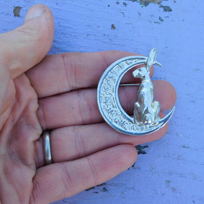 Hare Brooch (Floral Crescent Moon, Rear View), Handcast Pewter, Polished Finish