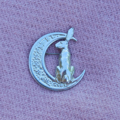 Hare Brooch (Floral Crescent Moon, Rear View), Handcast Pewter, Polished Finish