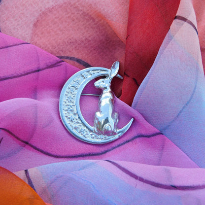 Hare Brooch (Floral Crescent Moon, Rear View), Handcast Pewter, Polished Finish
