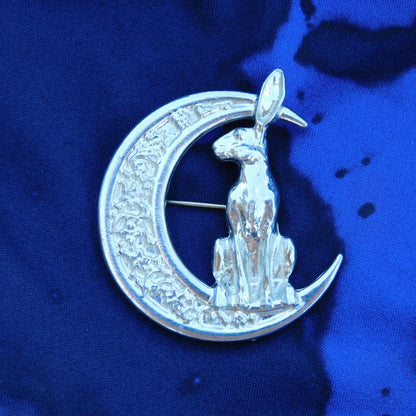 Hare Brooch (Floral Crescent Moon, Front View), Handcast Pewter, Polished Finish