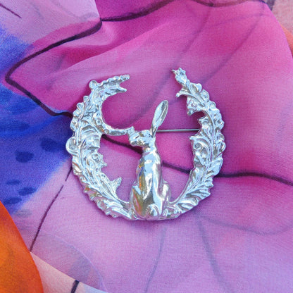 Hare Brooch (Woodland Glade, Rear View), Handcast Pewter, Polished Finish