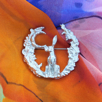 Hare Brooch (Woodland Glade, Front View), Handcast Pewter, Polished Finish