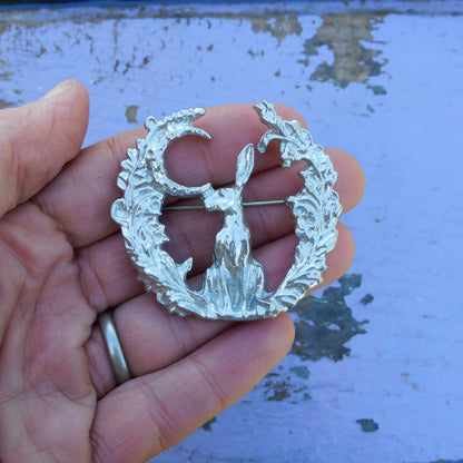 Hare Brooch (Woodland Glade, Front View), Handcast Pewter, Polished Finish
