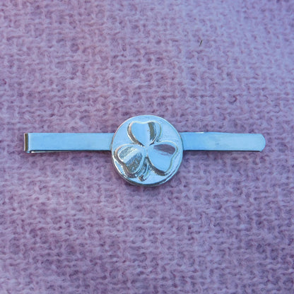 Shamrock Tie Clip, Handcast Pewter Tie Clip, Polished Finish