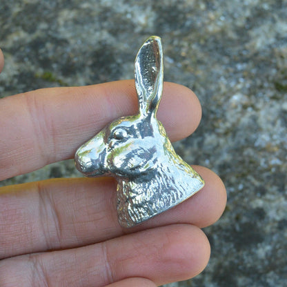 Hare Head Brooch, Handcast Pewter, Polished Finish