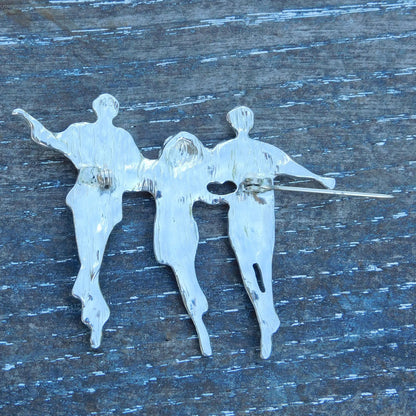 Dancing Figures Brooch, Handcast Pewter Brooch, Polished Finish