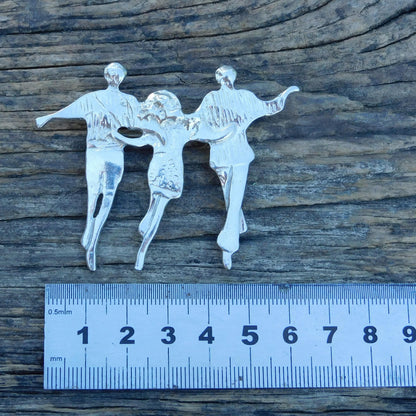 Dancing Figures Brooch, Handcast Pewter Brooch, Polished Finish