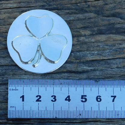 Round Shamrock Brooch, Handcast Pewter, Polished Finish