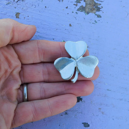 Shamrock Brooch, Handcast Pewter, Polished Finish