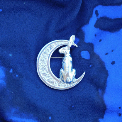 Hare Brooch (Floral Crescent Moon, Rear View), Handcast Pewter, Polished Finish