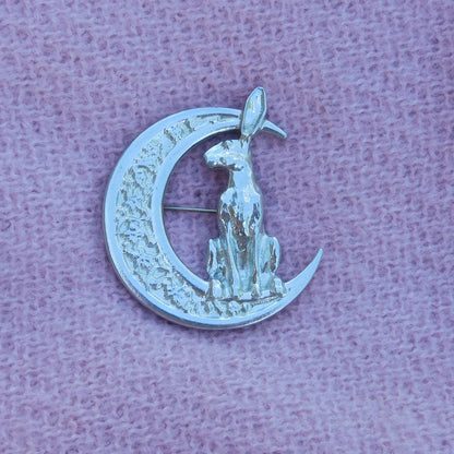 Hare Brooch (Floral Crescent Moon, Front View), Handcast Pewter, Polished Finish