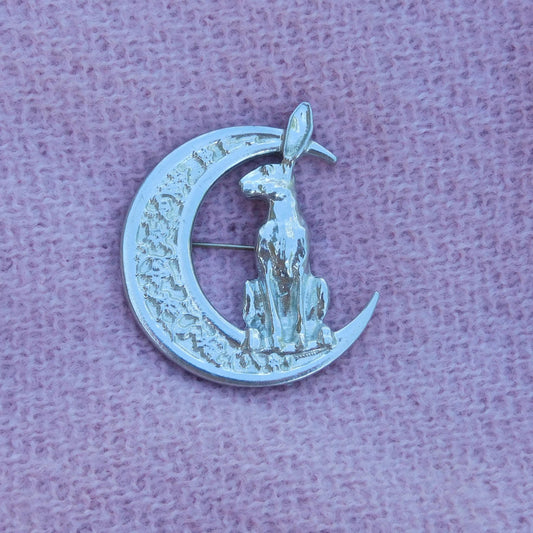 Hare Brooch (Floral Crescent Moon, Front View), Handcast Pewter, Polished Finish