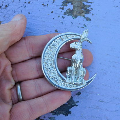 Hare Brooch (Floral Crescent Moon, Front View), Handcast Pewter, Polished Finish