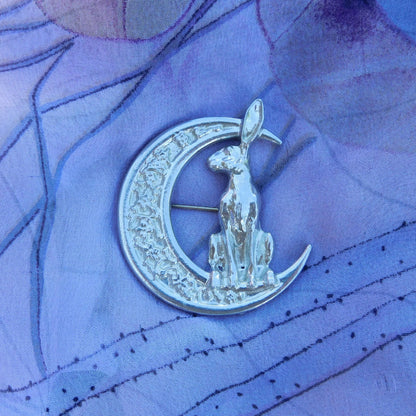 Hare Brooch (Floral Crescent Moon, Front View), Handcast Pewter, Polished Finish