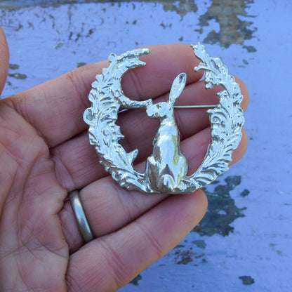 Hare Brooch (Woodland Glade, Rear View), Handcast Pewter, Polished Finish
