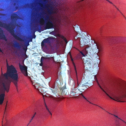 Hare Brooch (Woodland Glade, Rear View), Handcast Pewter, Polished Finish