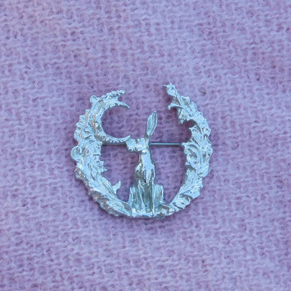 Hare Brooch (Woodland Glade, Front View), Handcast Pewter, Polished Finish