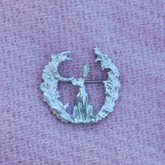 Hare Brooch (Woodland Glade, Front View), Handcast Pewter, Polished Finish