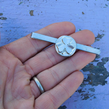 Shamrock Tie Clip, Handcast Pewter Tie Clip, Polished Finish