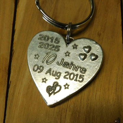 Personalised Heart Keyring, Tin Anniversary 10 Jahre, Custom Date and Years, William Sturt Fine Pewter
