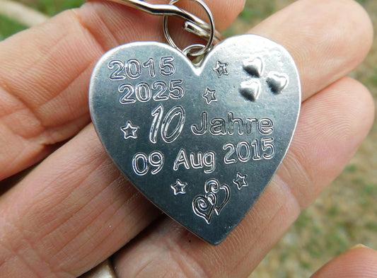 Personalised Heart Keyring, Tin Anniversary 10 Jahre, Custom Date and Years, William Sturt Fine Pewter