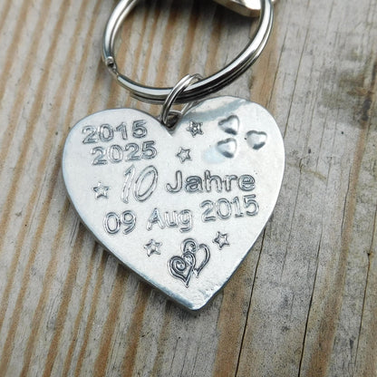 Personalised Heart Keyring, Tin Anniversary 10 Jahre, Custom Date and Years, William Sturt Fine Pewter