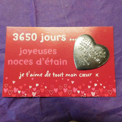 Personalised Heart Token, Tin Anniversary 10 Dix Ans, Custom Date and Years, William Sturt Fine Pewter