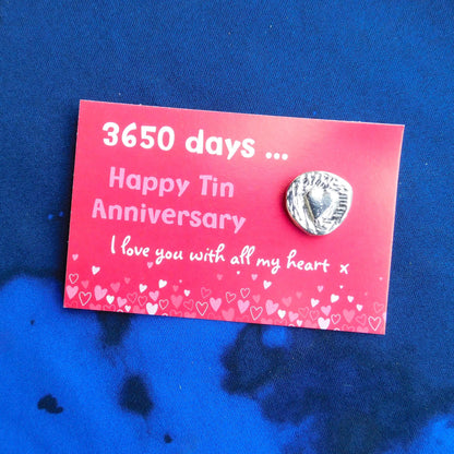 3650 Days Tin Anniversary Heart Token, Handcast Pewter Keepsake on Printed Card