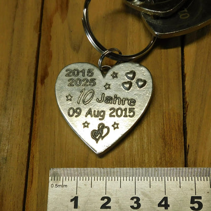 Personalised Heart Keyring, Tin Anniversary 10 Jahre, Custom Date and Years, William Sturt Fine Pewter