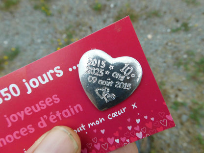 Personalised Heart Token, Tin Anniversary 10 Dix Ans, Custom Date and Years, William Sturt Fine Pewter