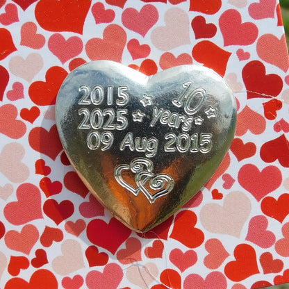 Personalised Heart Token, Tin Anniversary, 10 years, Ten Years, Custom Date and Years, William Sturt Fine Pewter