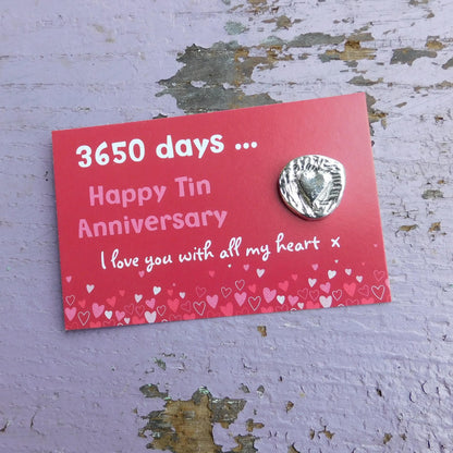 Pewter Heart Token, 3650 Days Anniversary Gift, Handmade Keepsake Card