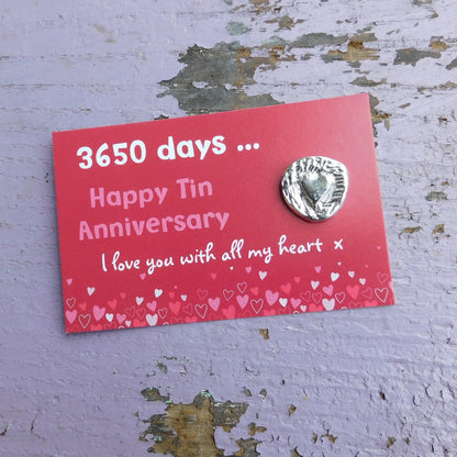 3650 Days Tin Anniversary Heart Token, Handcast Pewter Keepsake on Printed Card