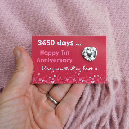 3650 Days Tin Anniversary Heart Token, Handcast Pewter Keepsake on Printed Card