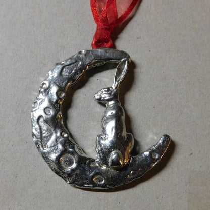 Hare on the Moon Christmas Decoration, Handmade Pewter Ornament by William Sturt Fine Pewter