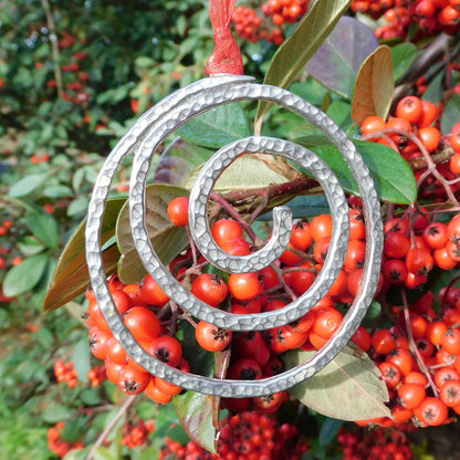 Handmade Spiral Christmas Decoration in Hammered Pewter