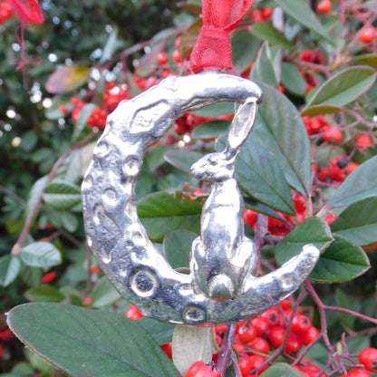 Hare on the Moon Christmas Decoration, Handmade Pewter Ornament by William Sturt Fine Pewter