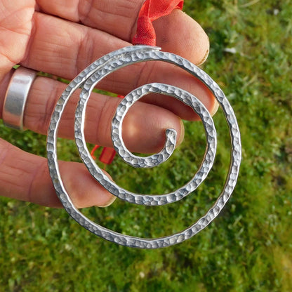 Handmade Spiral Christmas Decoration in Hammered Pewter